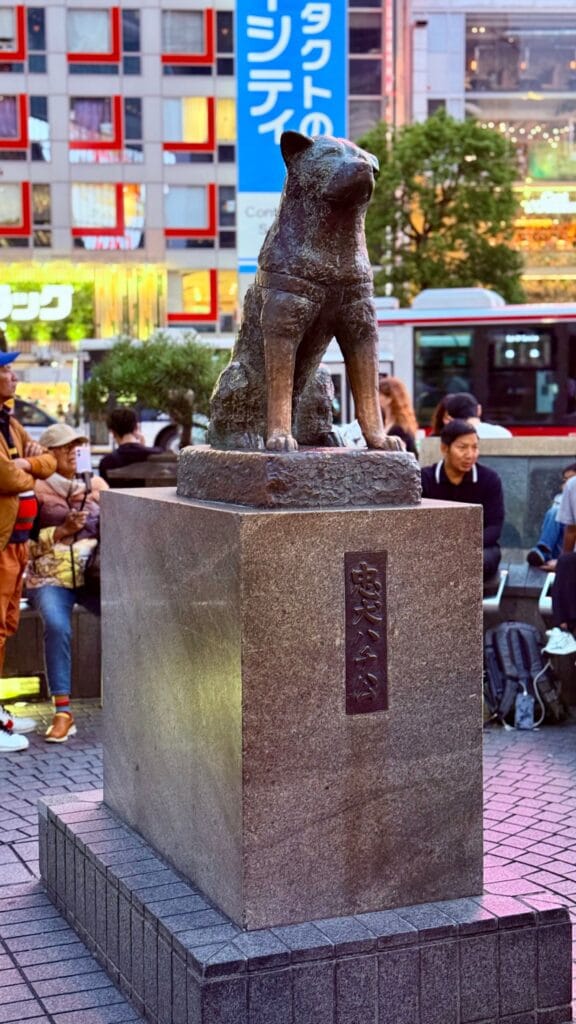 Iconic Hachiko statue at bustling Shibuya Crossing in Tokyo, Japan at night.